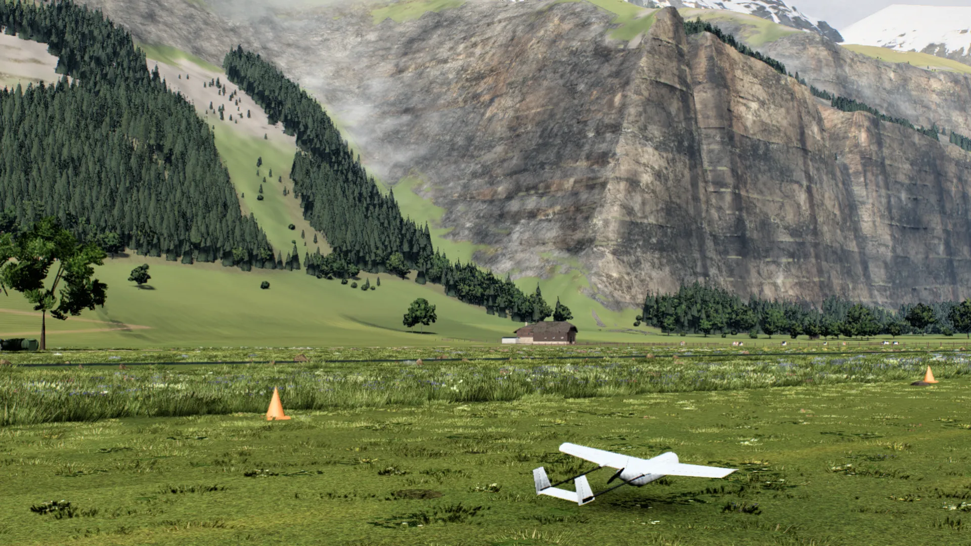 A white RC plane parked on a grass strip under alpine cliffs, rendered in the simulator