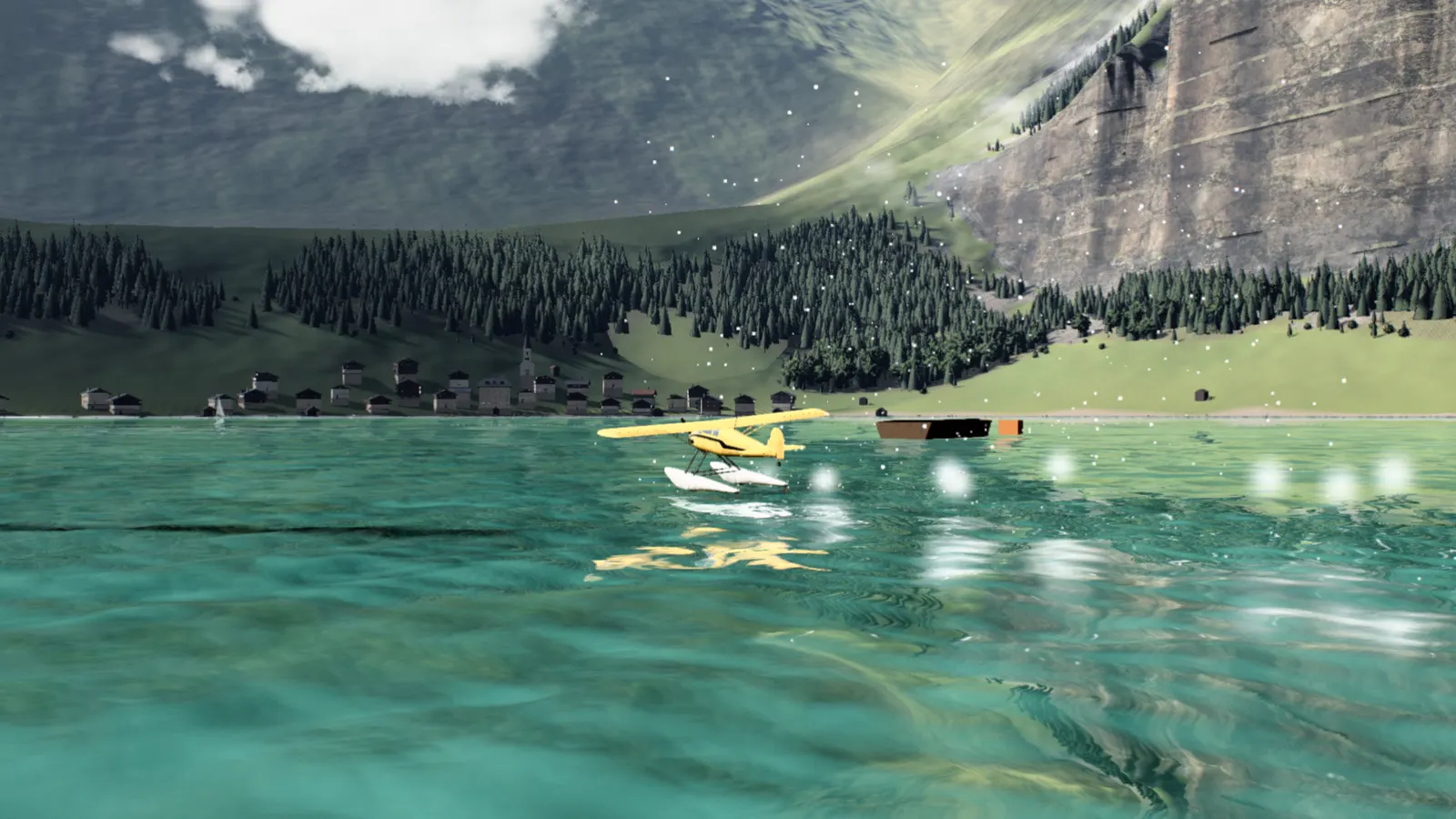 The floatplane touching down on the lake in a burst of spray