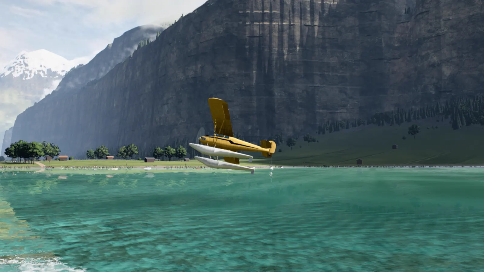 The floatplane just off the water, nose high, floats clear of the lake
