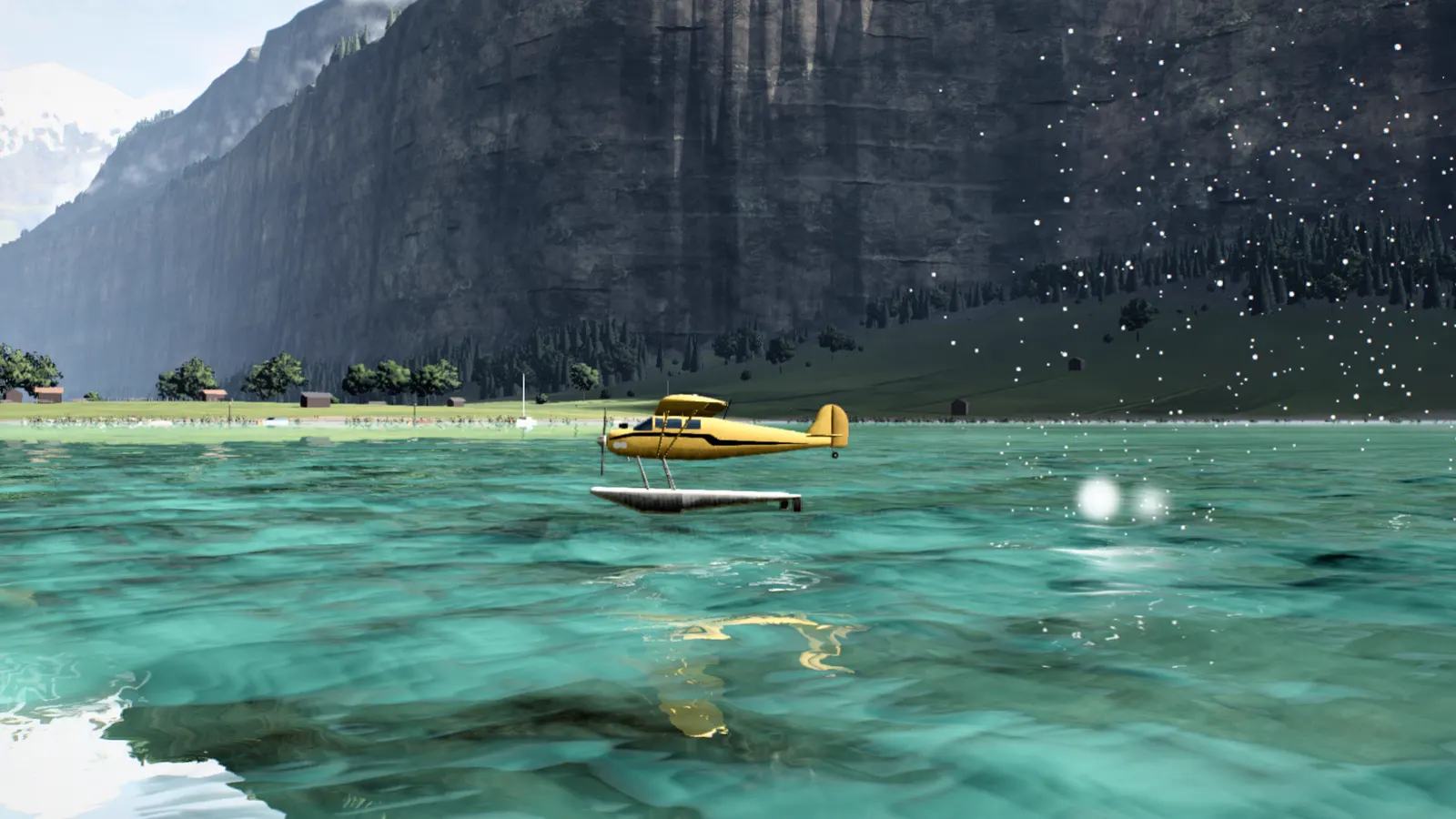 The floatplane running fast on the step of its floats, spray behind, the cliff wall across the lake