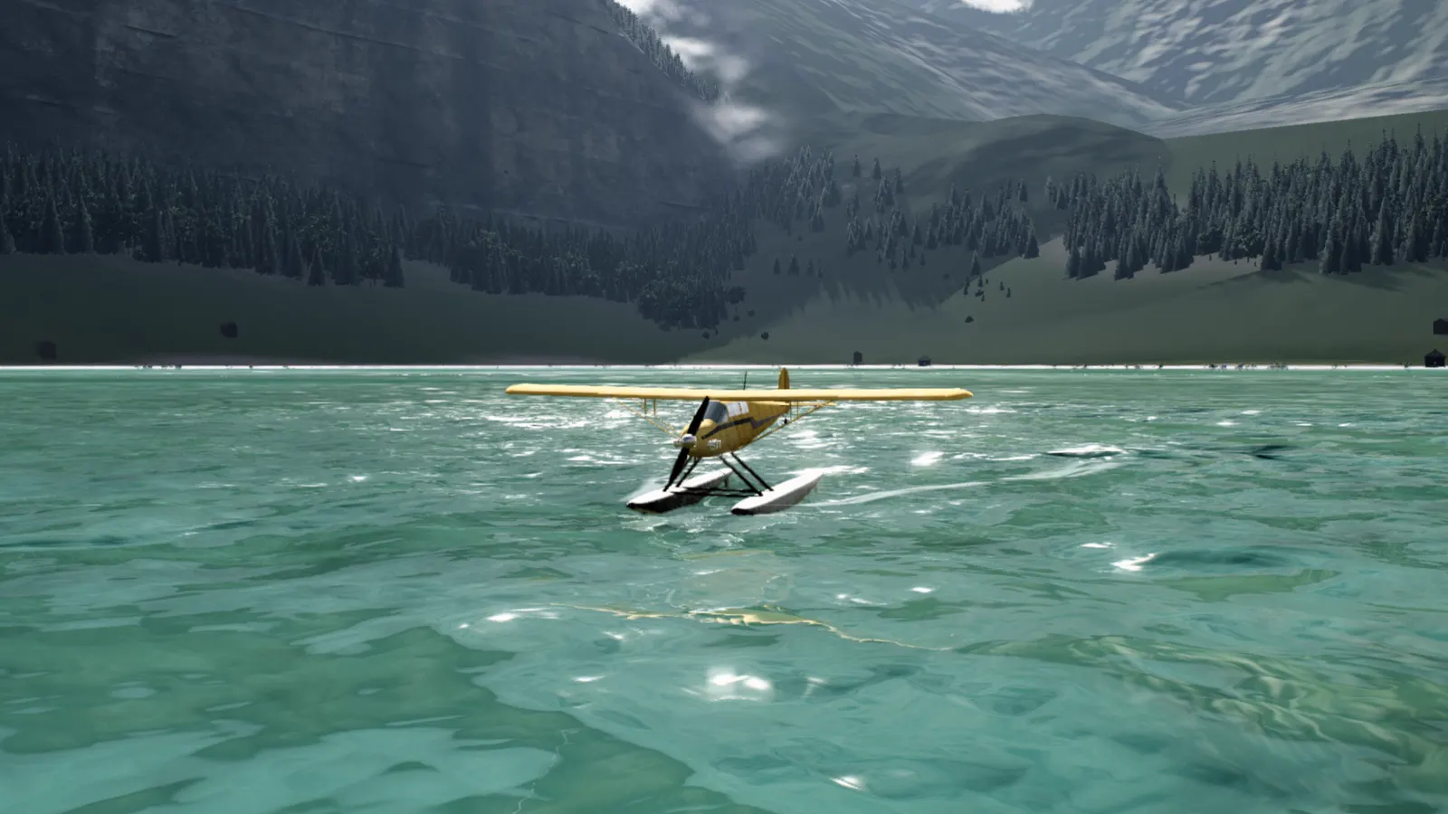 The yellow floatplane taxiing slowly on the lake, sunlight on the water, cliffs behind