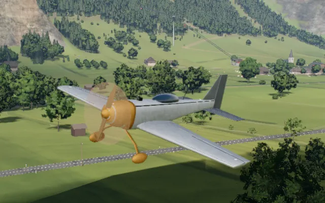 The 3d aerobat in flight over the valley, rendered in the simulator