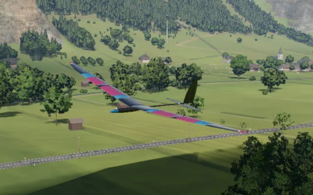 The discus launch glider in flight over the valley, rendered in the simulator