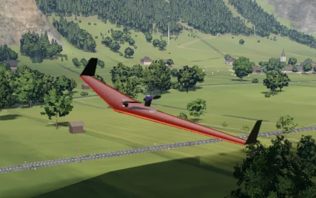The flying wing in flight over the valley, rendered in the simulator