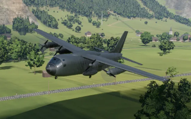 The four motor transport in flight over the valley, rendered in the simulator