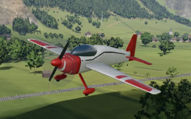 The giant scale aerobat in flight over the valley, rendered in the simulator