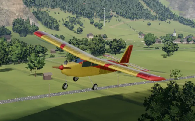 The high wing trainer in flight over the valley, rendered in the simulator