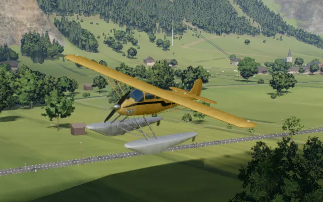 The light taildragger on floats in flight over the valley, rendered in the simulator