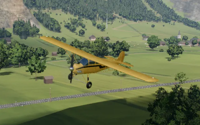 The light taildragger in flight over the valley, rendered in the simulator