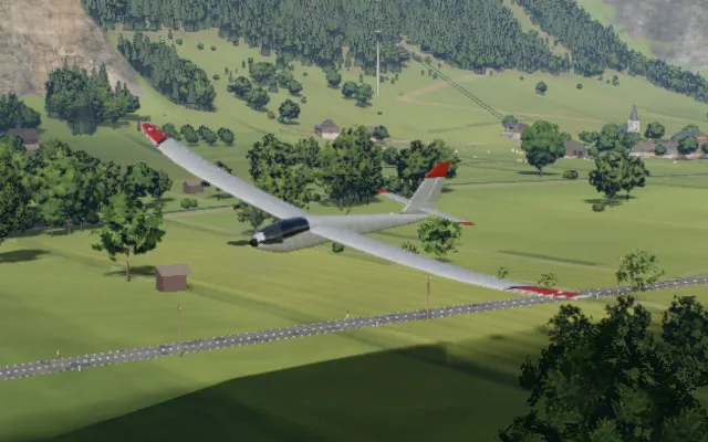 The motor glider in flight over the valley, rendered in the simulator