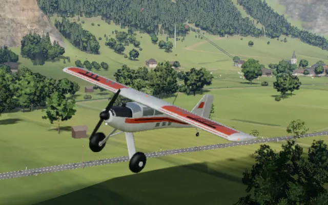 The night stol aerobat in flight over the valley, rendered in the simulator