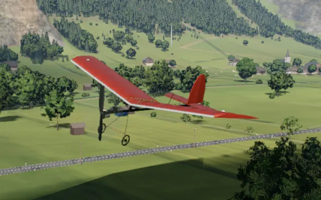 The park flyer in flight over the valley, rendered in the simulator