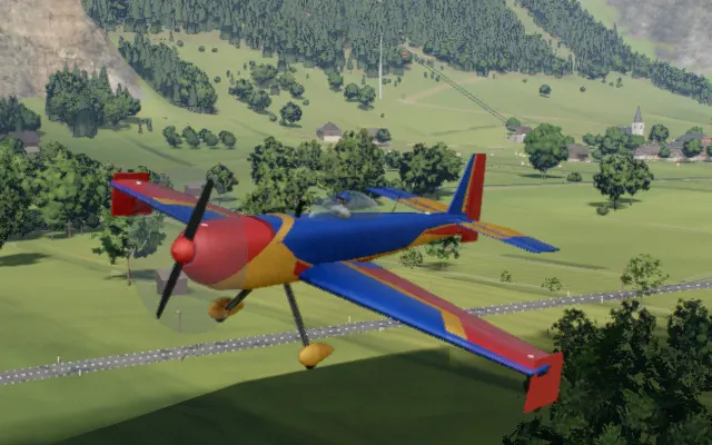 The precision aerobat in flight over the valley, rendered in the simulator