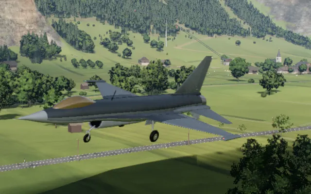 The sport jet in flight over the valley, rendered in the simulator
