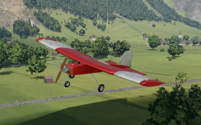 The sport plane in flight over the valley, rendered in the simulator