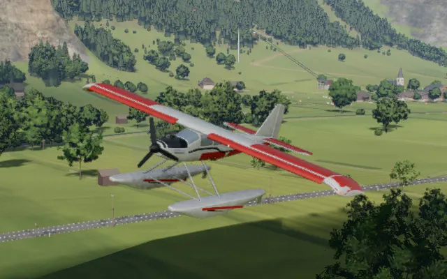 The stol bush plane on floats in flight over the valley, rendered in the simulator