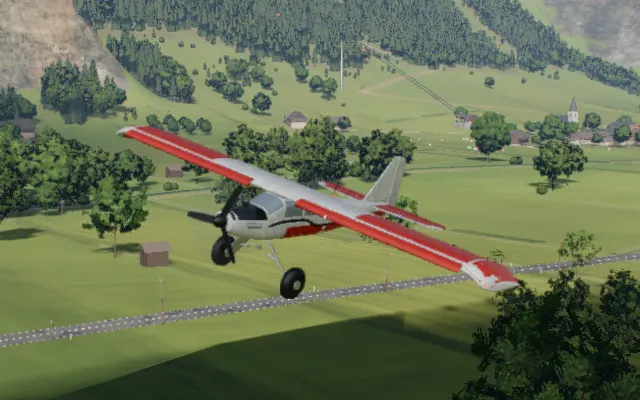 The stol bush plane in flight over the valley, rendered in the simulator