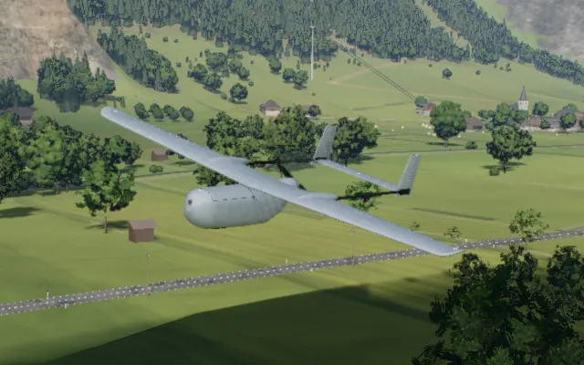 The twin boom cruiser in flight over the valley, rendered in the simulator