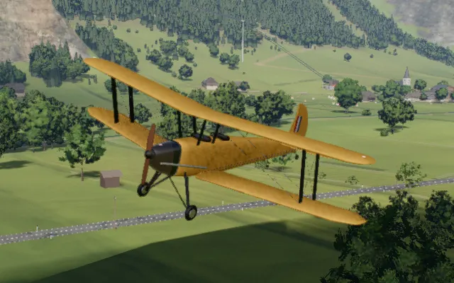 The vintage biplane in flight over the valley, rendered in the simulator