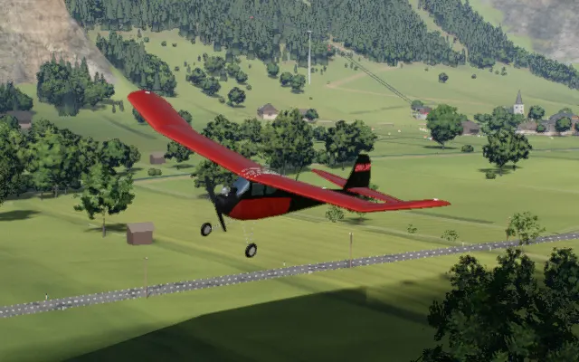 The vintage free flight model in flight over the valley, rendered in the simulator