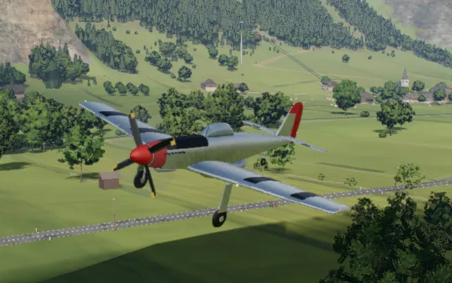 The warbird in flight over the valley, rendered in the simulator