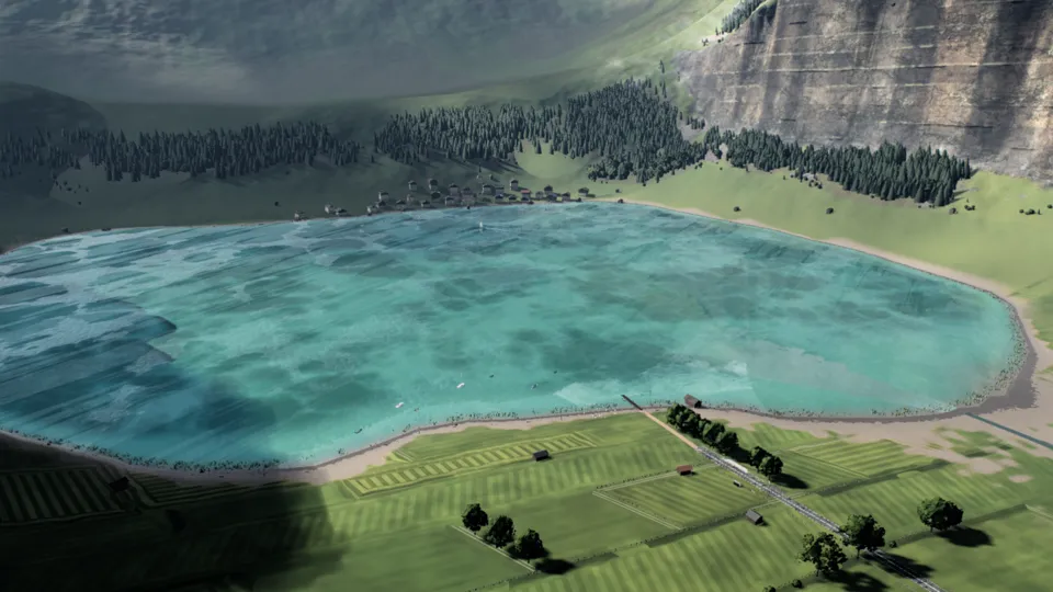 An alpine lake and its village seen from the air
