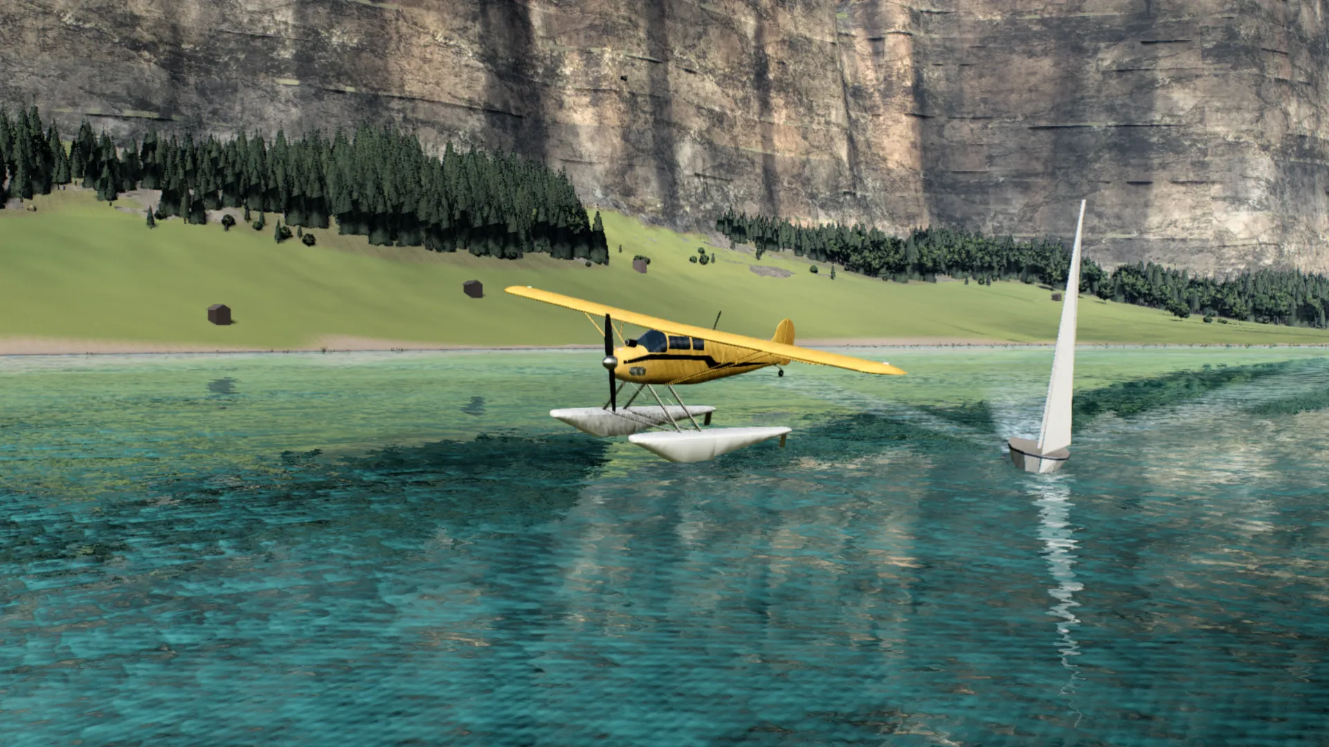A yellow RC floatplane skimming the lake past a sailboat, cliffs behind