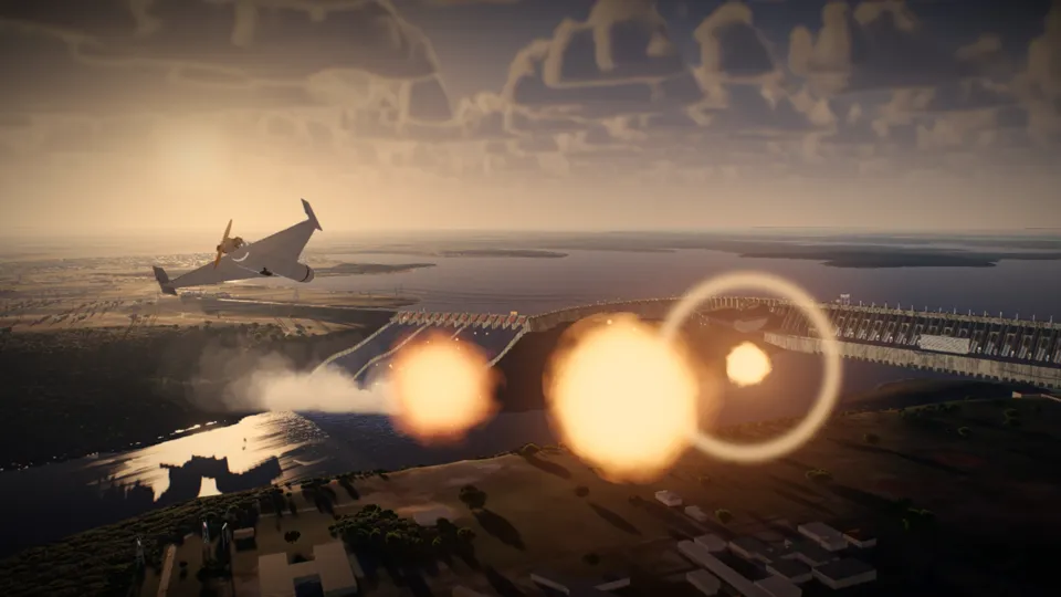 A combat drone banking over the Itaipu dam at sunset as blasts go off on the spillway